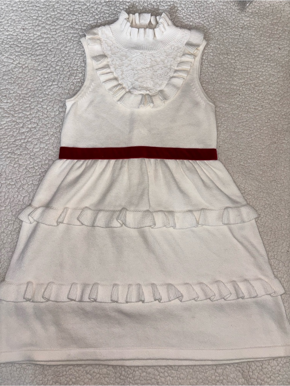 Janie and Jack Girls' White Ruffle Knit Dress with Red Waistband 6Y